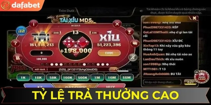 Tỷ lệ trả thưởng siêu cao trong tại xỉu MD5 tại DAFABET